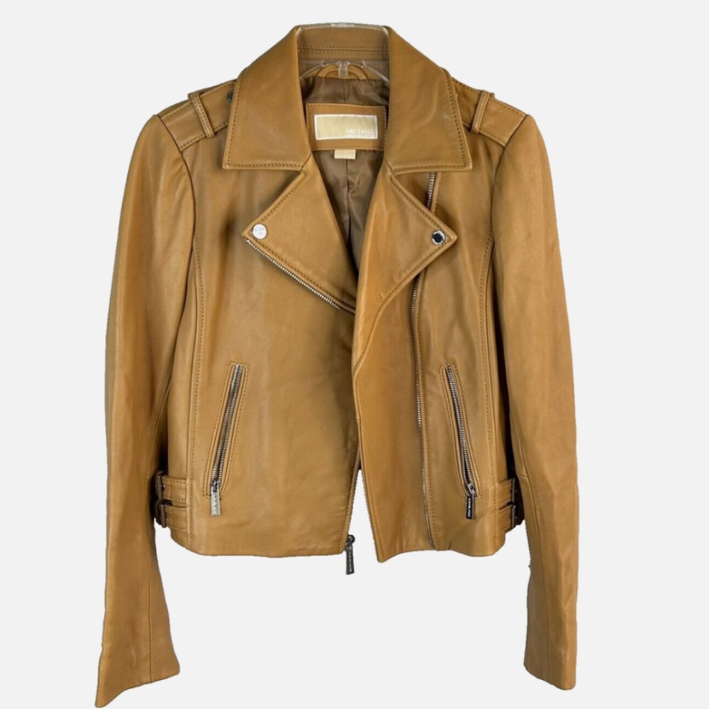Michael Kors Soft Lambs Cropped Leather Jacket- Tan